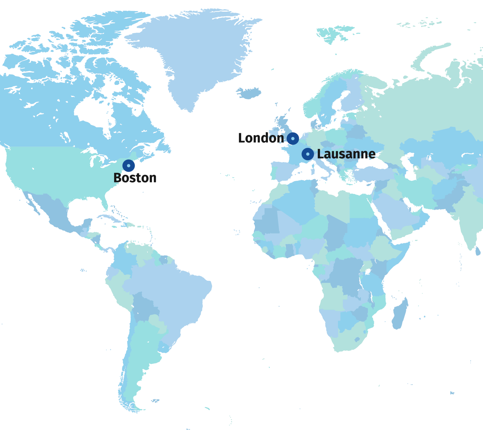 Cropped world map showing the locations of Boston, London and Lausanne